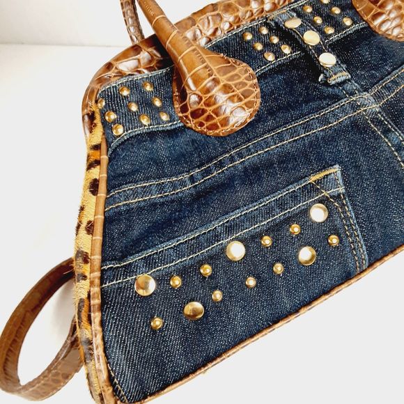 Clever Carriage Company Denim & Calf Hair Satchel Shoulder Bag Jean Bag Leopard - Picture 5 of 16